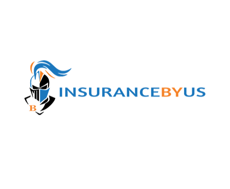 Logo features a blue knight figure, helmet, and blue cape against a white background with "INSURANCEBYUS" in blue and orange text.