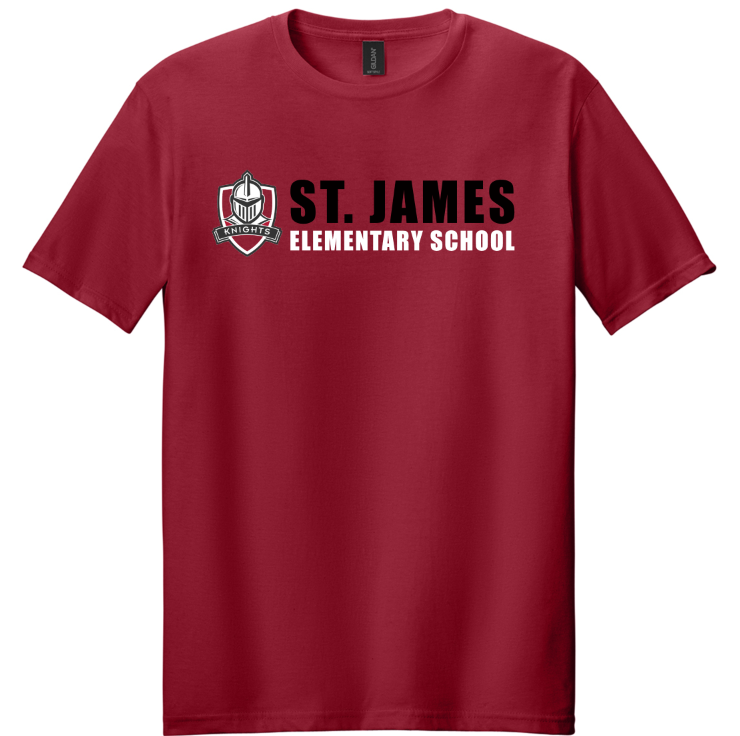 A maroon t-shirt displays the name "ST. JAMES ELEMENTARY SCHOOL" and a shield logo above it.