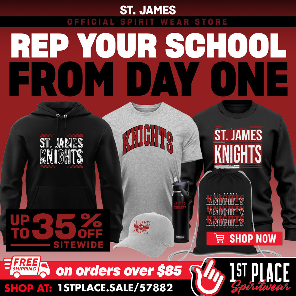 Advertisement for school spirit wear. Three shirts and one hat shown. Discounted prices and free shipping on orders over $85.