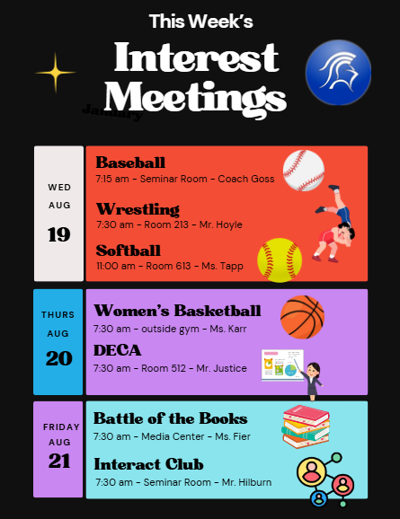 Calendar with four interest meetings, including Baseball, Wrestling, Women's Basketball, and Battle of the Books.