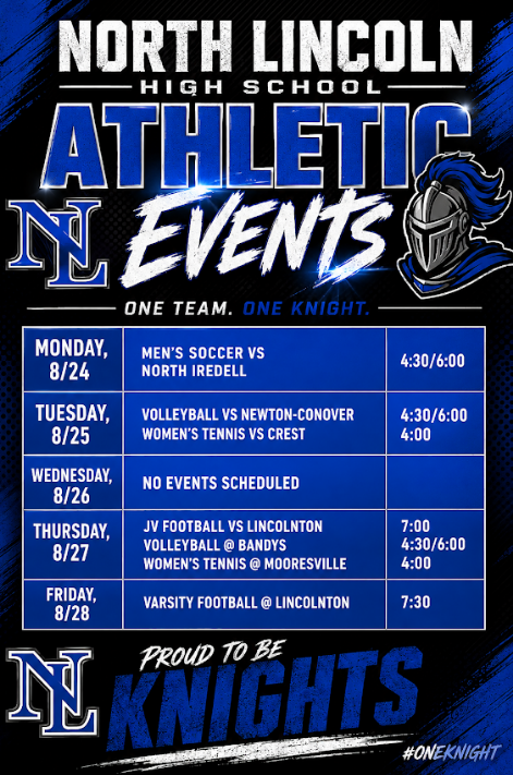 Blue poster with white text and a knight's helmet logo. A schedule lists athletic events for the week.