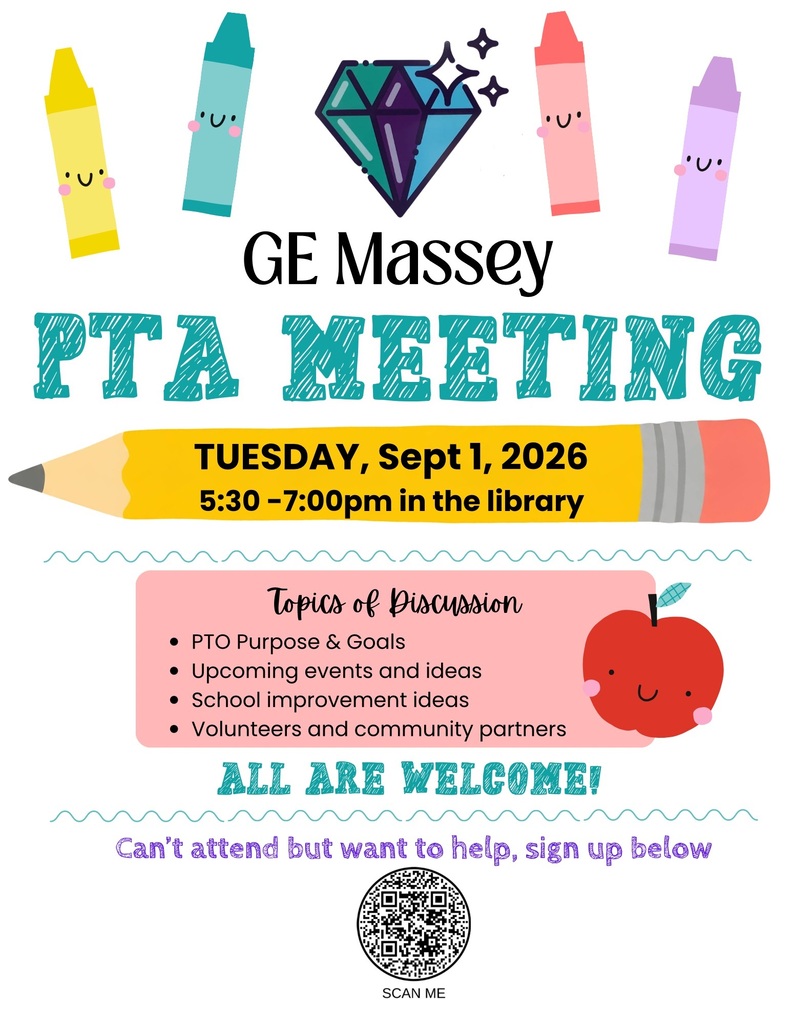 Flyer for GE Massey PTA meeting on Tuesday, Sept 1, 2026, 5:30-7:00 pm in the library.