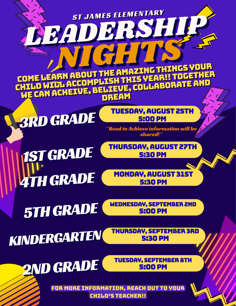 A vibrant purple and yellow poster for Leadership Nights at St. James Elementary. Dates and times for each grade are listed.