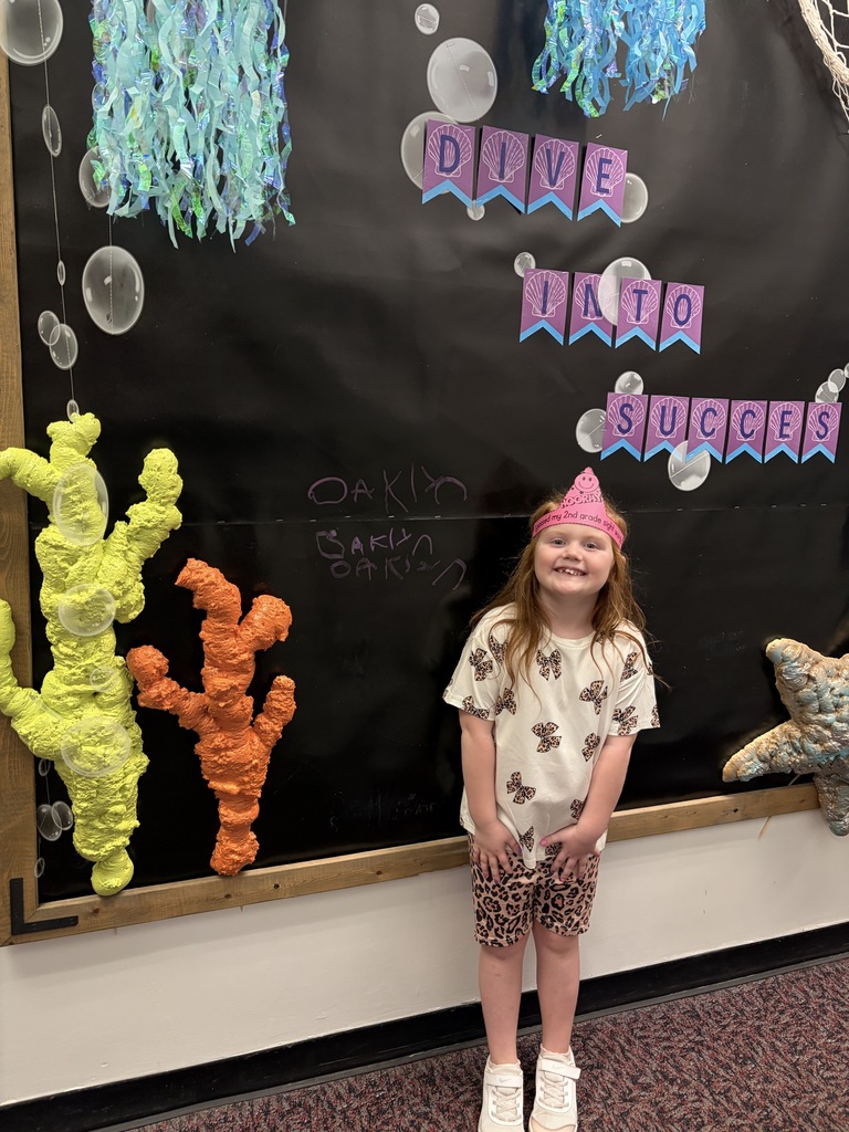 A young girl wearing a pink hat stands before a bulletin board. The board features colorful art and the text "DIVE INTO SUCCESS."