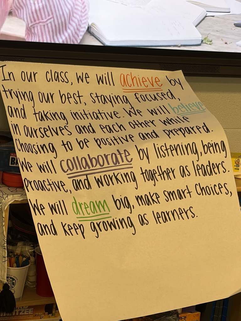 A yellow paper on a black frame displays handwritten text emphasizing collaboration, positivity, and growth in a classroom setting.