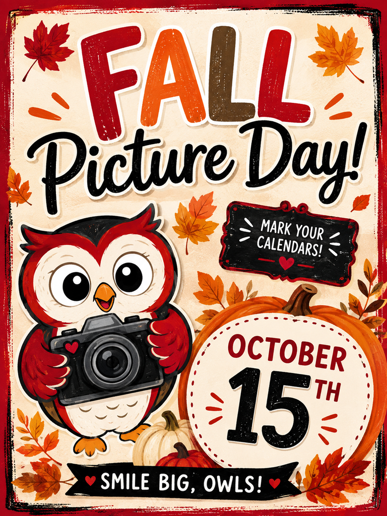 Fall Picture Day poster. Owl holding a camera. Leaves, pumpkins, and a red border. Date: October 15.