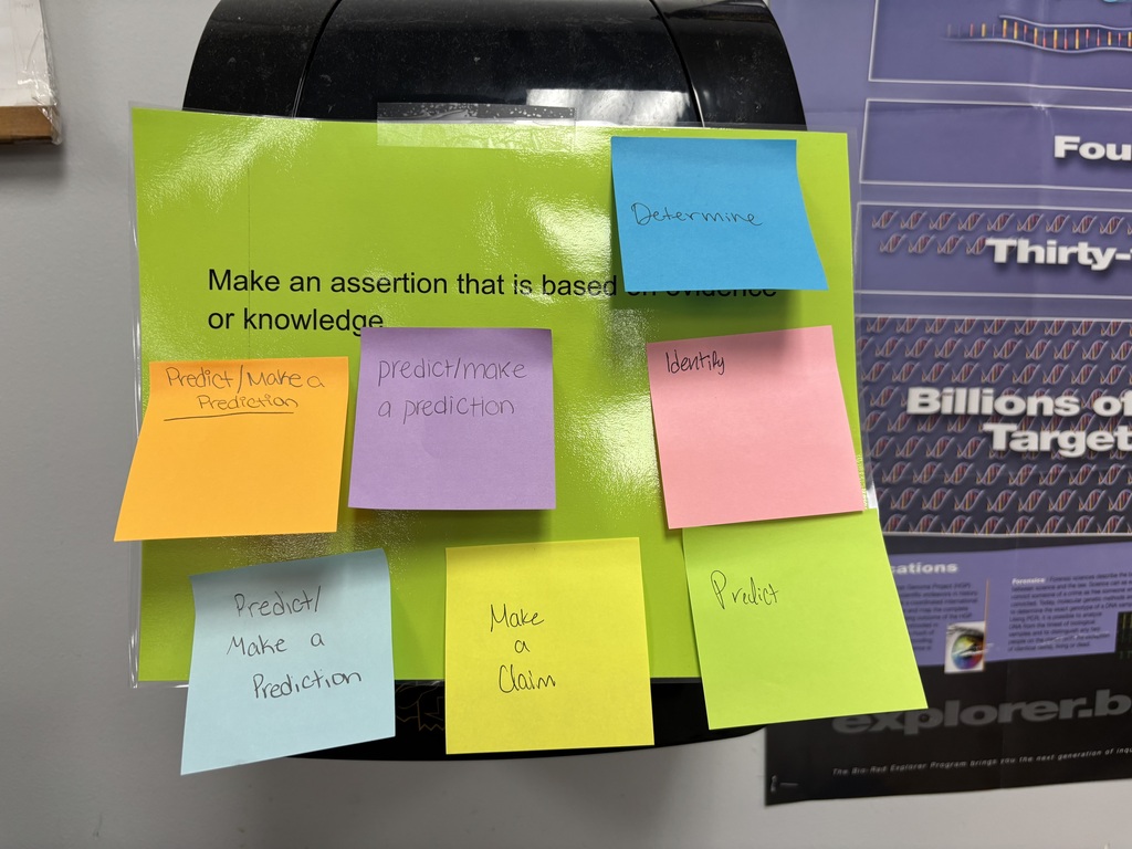 A green board with various colored sticky notes. The notes have phrases like "Make an assertion that is based or knowledge."