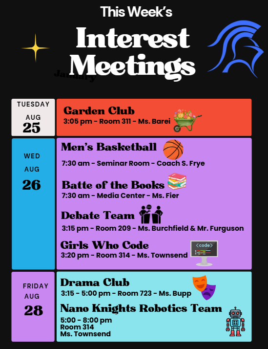 A schedule poster lists events for the week. Events include Garden Club, Men's Basketball, and Battle of the Books.