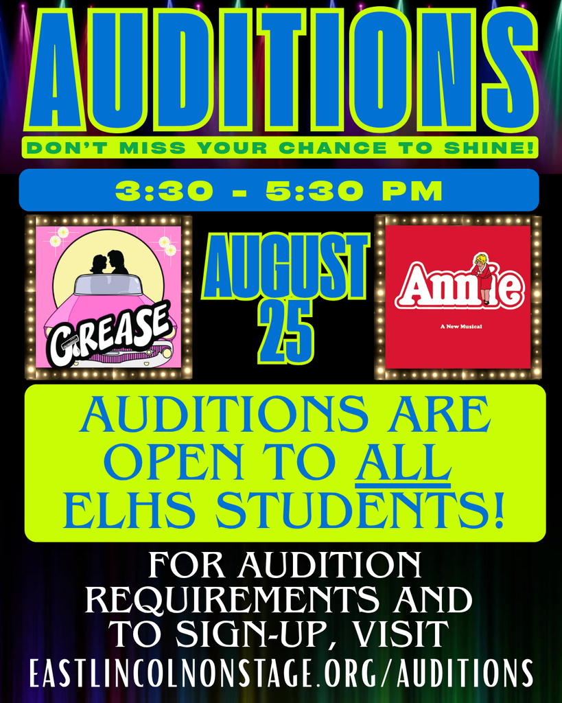 Advertisement for auditions on August 25 from 3:30 PM to 5:30 PM. Posters for "Grease" and "Annie" are shown.