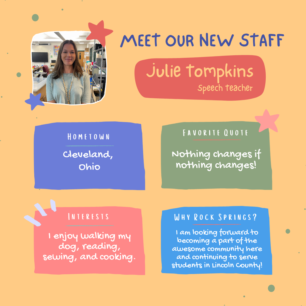 A yellow background displays a profile introduction. Julie Tompkins, a speech teacher, is pictured. Her hometown is Cleveland, Ohio. Her favorite quote reads, "Nothing changes if nothing changes."