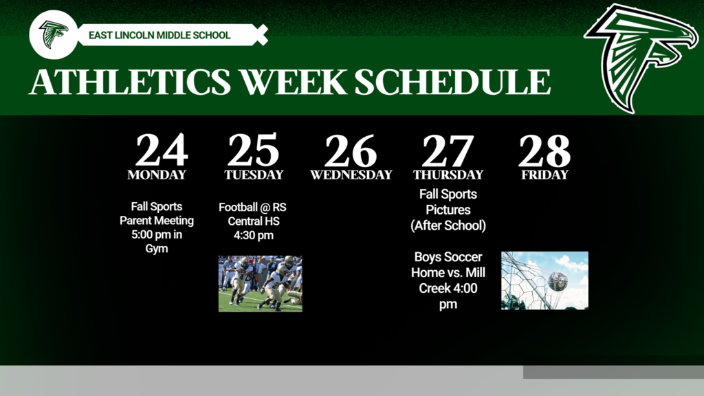 A sports schedule for a week from Monday to Friday, including times and activities. The schedule is green.