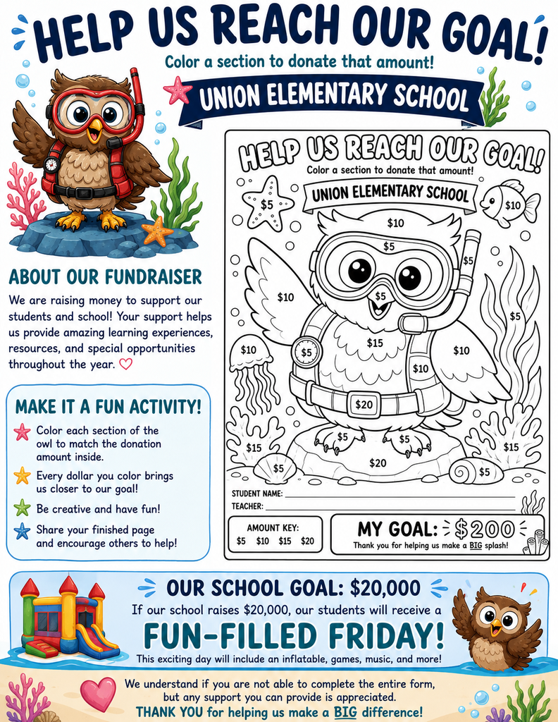 A flyer displays a diving owl with a donation amount chart, a coloring page of an owl, and a school goal.