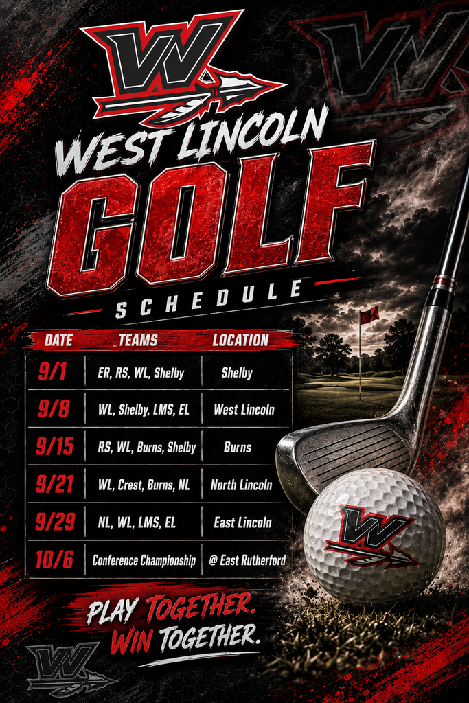 Golf event schedule with dates, teams, and locations on a black background. A golf ball and club are on grass.