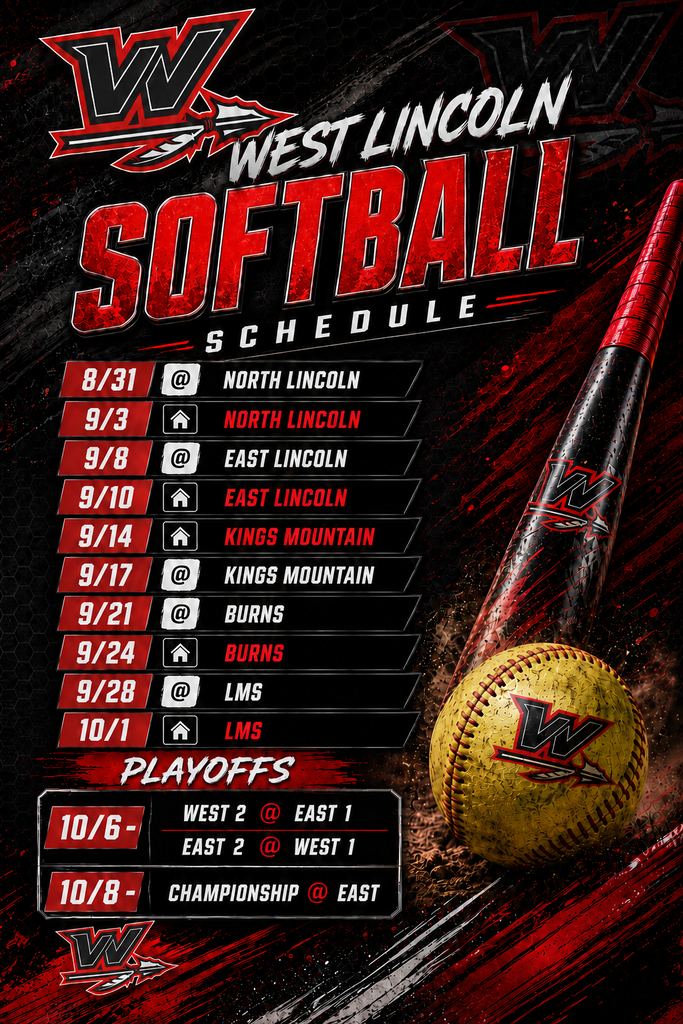 Red and black background. Softball schedule for West Lincoln. Softball bat and ball with text.