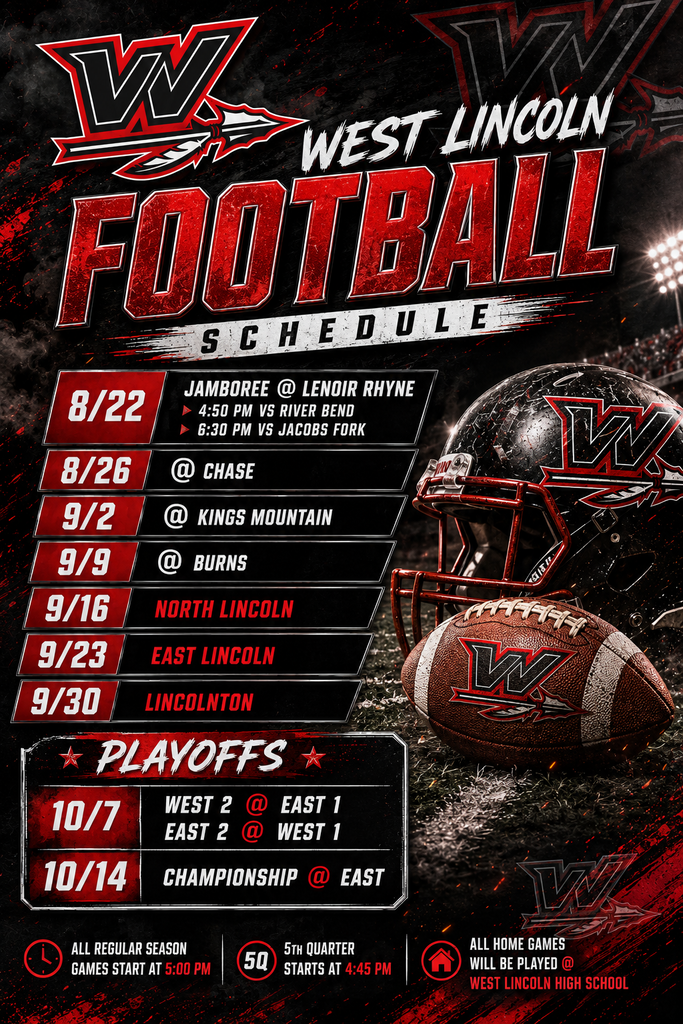 A football schedule with black and red background features helmet, football, and a star. The date and opponent are listed.