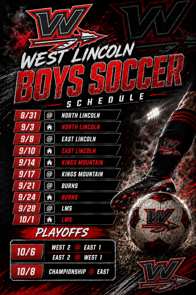 A sports event schedule for West Lincoln Boys Soccer. Includes dates, venues, and playoff matches. A soccer player kicks a ball.