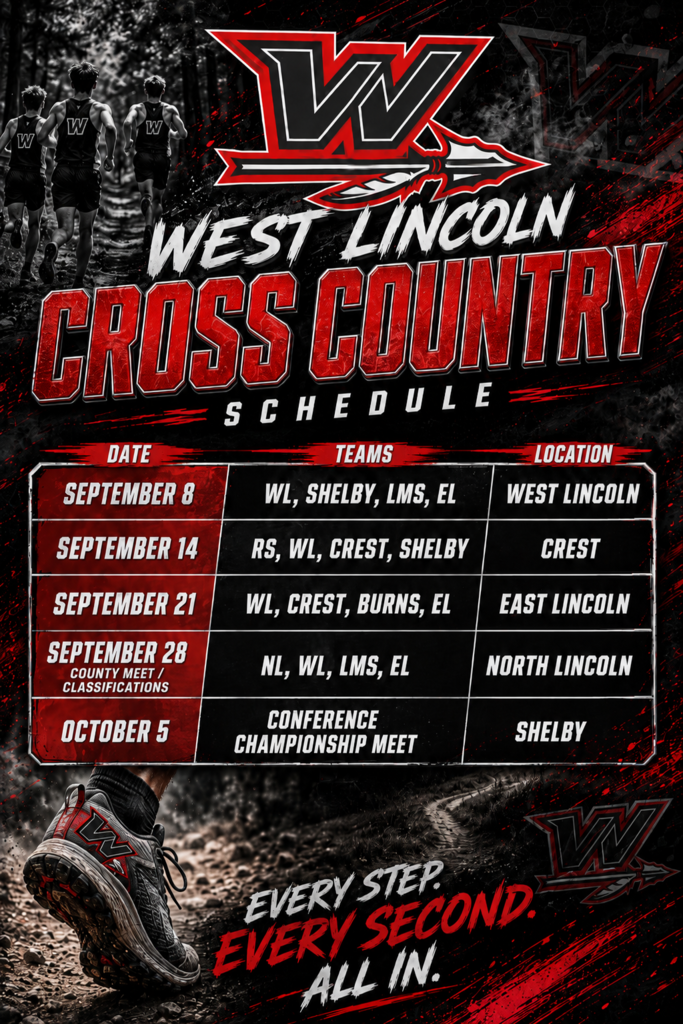 Flyer with a red and black background displaying "West Lincoln Cross Country Schedule" and dates for September and October.