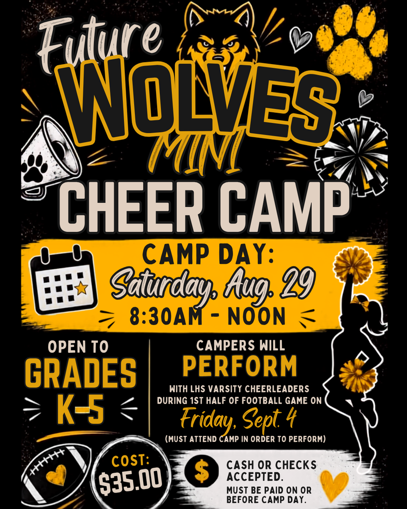 Poster for Future Wolves Mini Cheer Camp. Open to grades K-5, cost $35. Scheduled for August 29, 8:30 AM to noon.