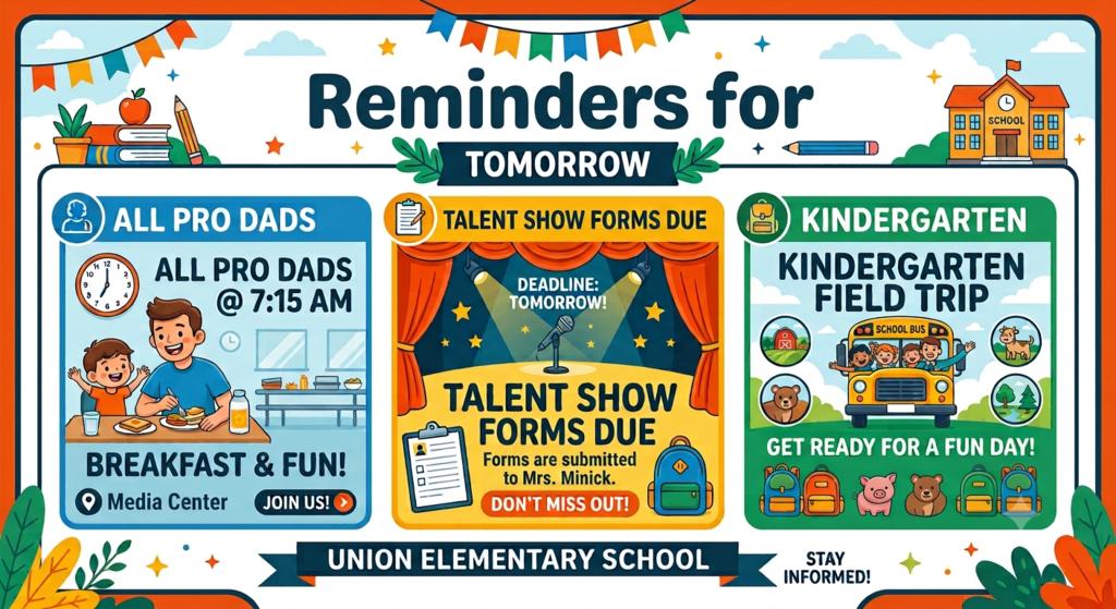 An educational poster with three reminders: All Pro Dads event at 7:15 AM, Talent Show forms due, and Kindergarten field trip.