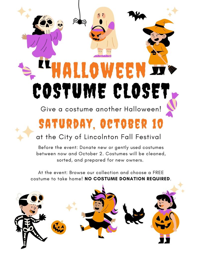 Halloween Costume Closet event flyer. Costumes can be donated now or October 2. Free costume choice at October 10 festival.