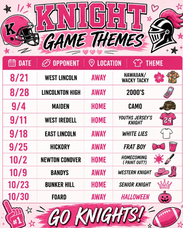 A poster lists football game dates, opponents, locations, and themes for the Knight team. It has a pink background.
