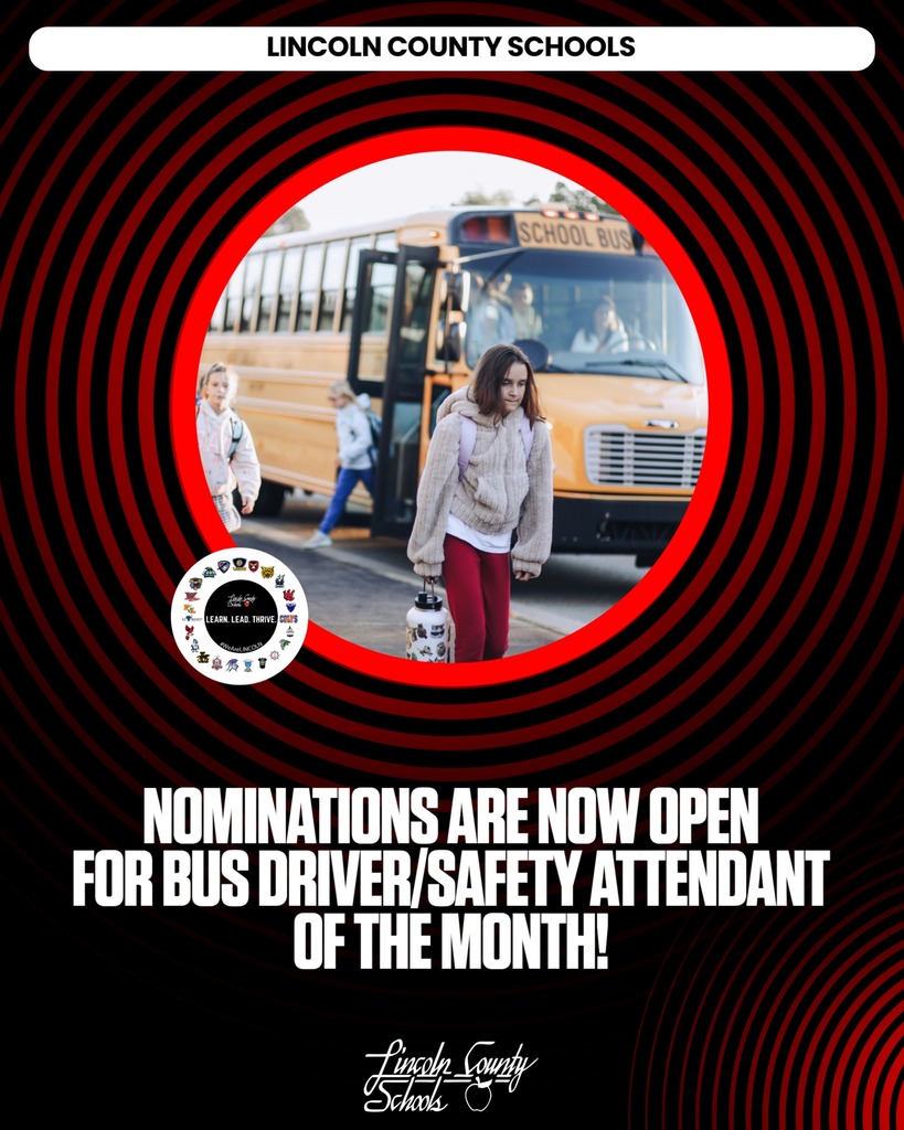 Advertisement for nominations for Bus Driver/Safety Attendant of the Month. A woman and two children in front of a yellow school bus.