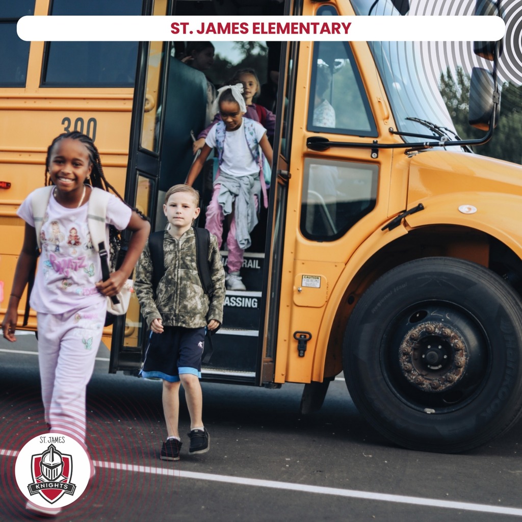 Kids boarding a yellow school bus with "ST. JAMES ELEMENTARY" text on top.