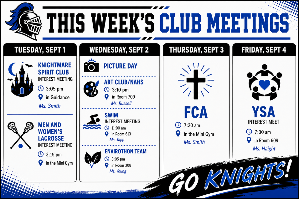 Blue and white poster with weekly club meetings. Columns include Nightmare Spirit Club, Picture Day, FCA, and YSA. Details for each meeting.