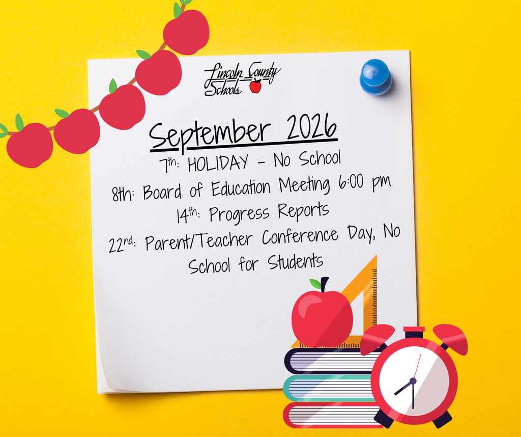 A calendar page shows September 2026 with holidays, meetings, and school closures. Items include an apple, books, and a clock.