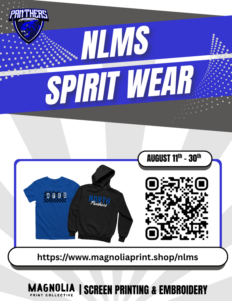 Promotional material features NLM Spirit Wear, with a blue shirt, black hoodie, and a QR code. Background is blue and gray.