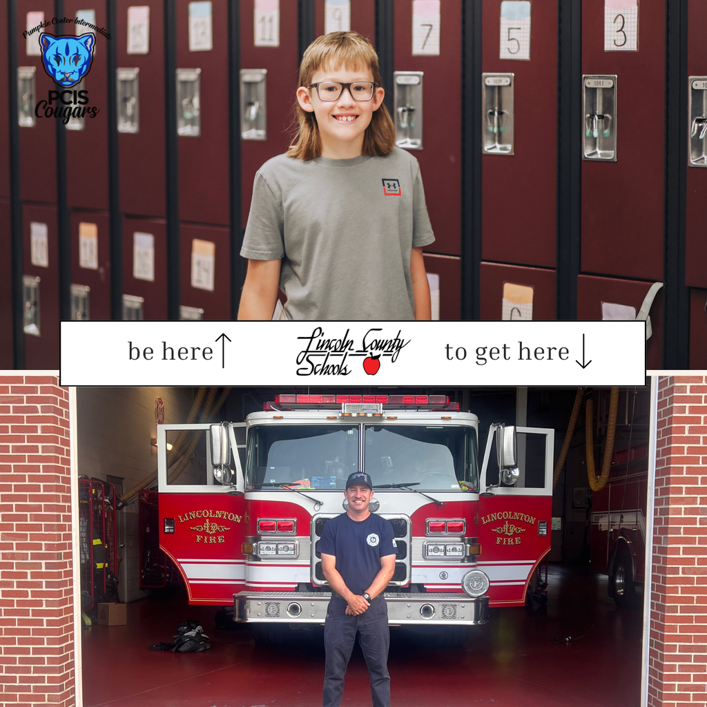Two images, one of a young person wearing glasses, the other of a man in front of a fire truck.