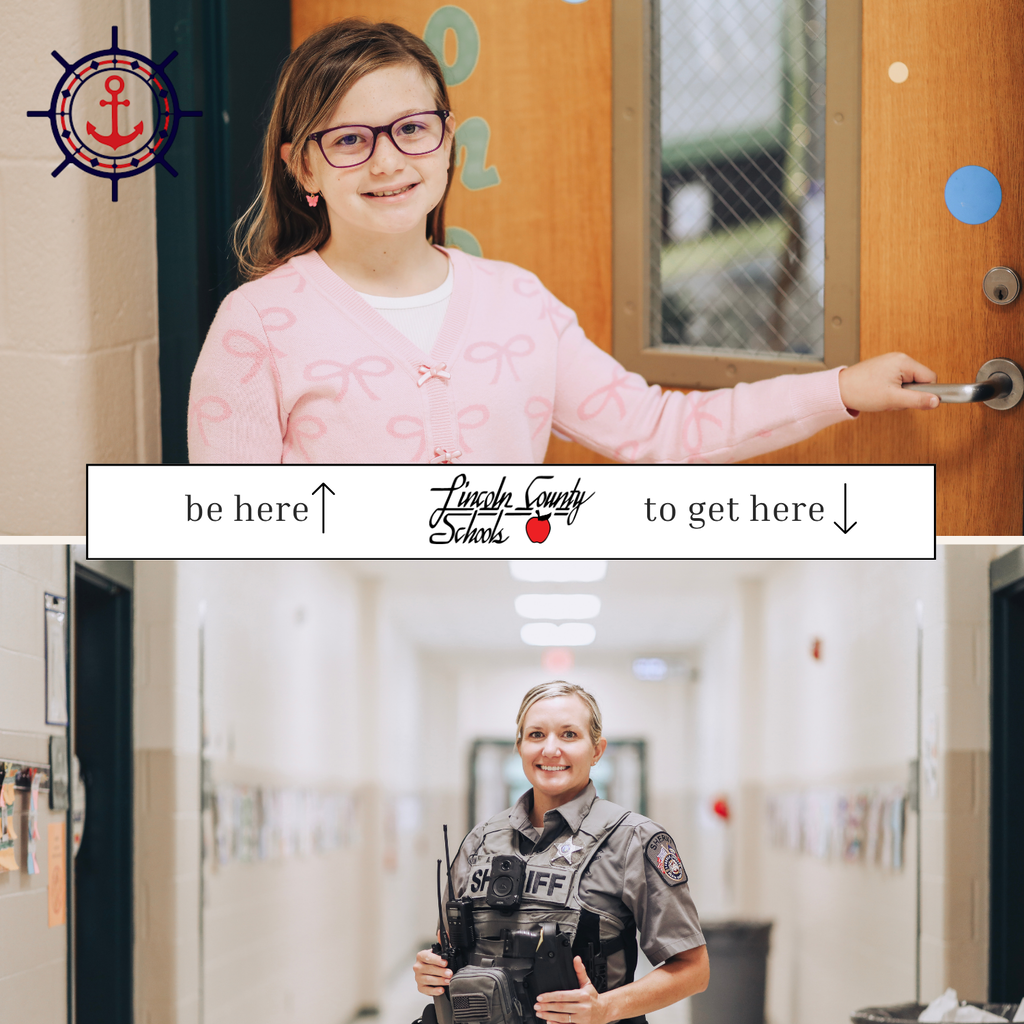 Two photos: girl in pink sweater, glasses, opening a door. Policewoman holding radio, standing in a hallway.