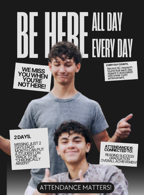 Two smiling young men, one standing behind the other. One holds a thumbs-up. White text overlay on black background. Text reads: "BE HERE ALL DAY EVERY DAY."