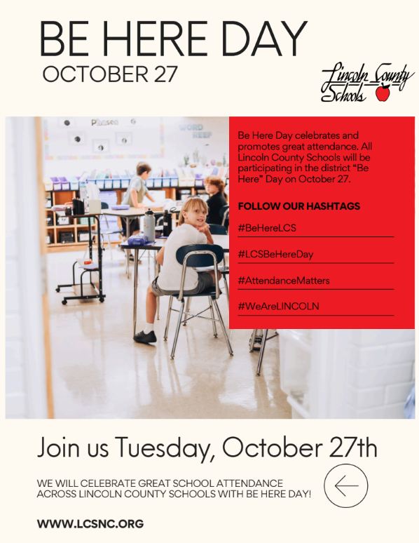 An advertisement for "Be Here Day" on October 27. It shows a child sitting at a table with others.