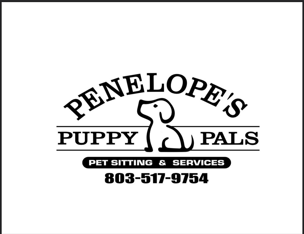Black and white logo featuring a sitting dog and text reading "Penelope's Puppy Pals". Below, the text reads "Pet Sitting & Services" with a phone number.
