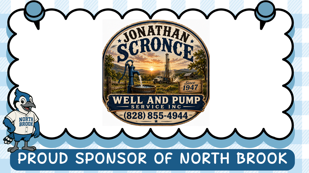 A blue and white graphic includes a logo with a pump and a sun. The text reads "Proud Sponsor of North Brook".