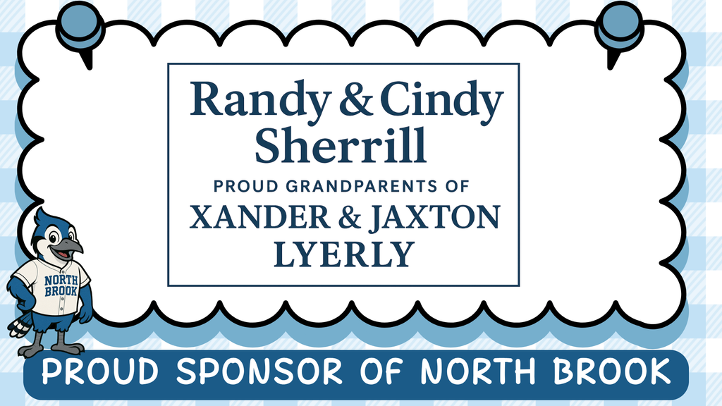 A blue and white graphic with text. It reads: "Randy & Cindy Sherrill, Proud Grandparents of Xander & Jaxton Lyerly."