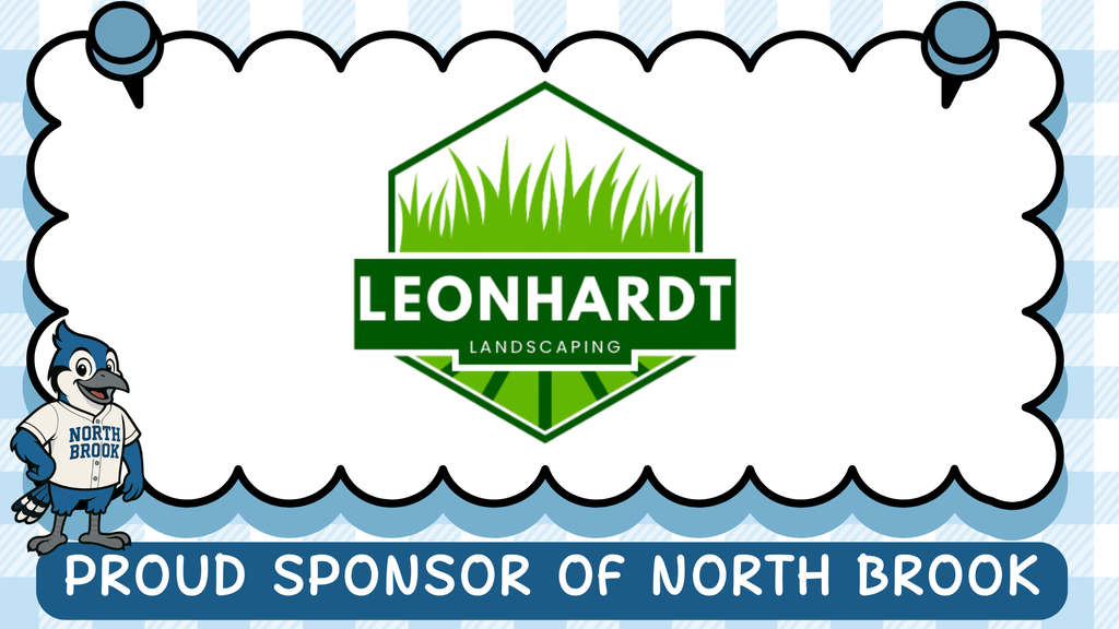 A white and blue checkered background displays a logo with a grassy triangle, "LEONHAART LANDSCAPING" in green, and a mascot.