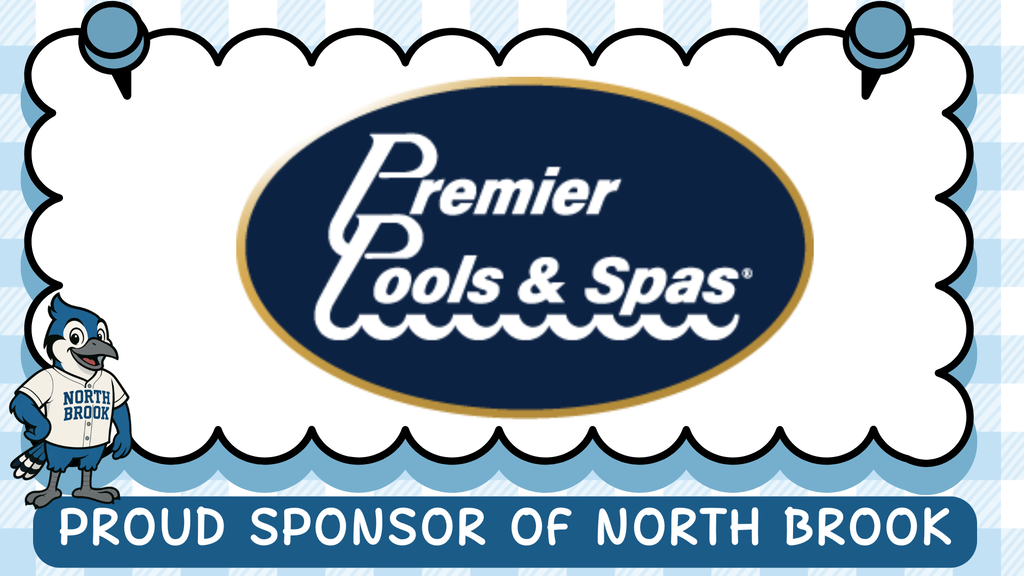 Logo for Premier Pools & Spas in blue, white, and gold with a mascot. The logo states, "Proud sponsor of North Brook."