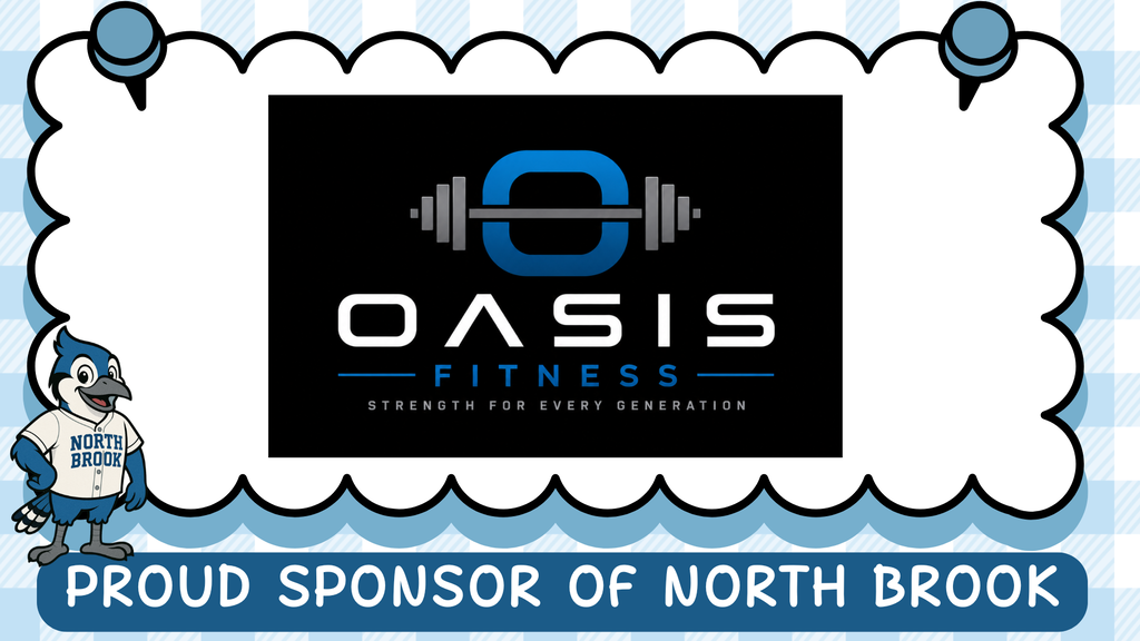 A blue and white checkered border frames a logo. The logo features an O symbol, "OASIS FITNESS," and text.