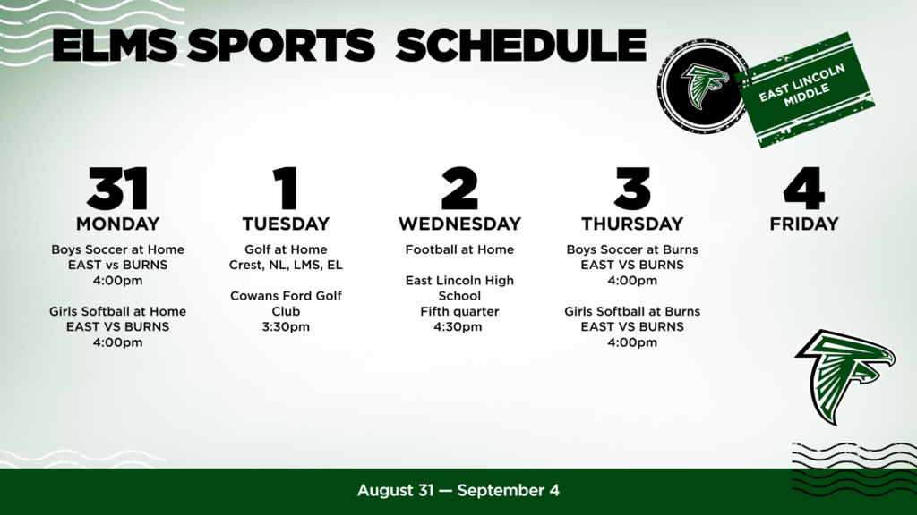 Green-and-white sports schedule lists five sports for the week of August 31 through September 4.