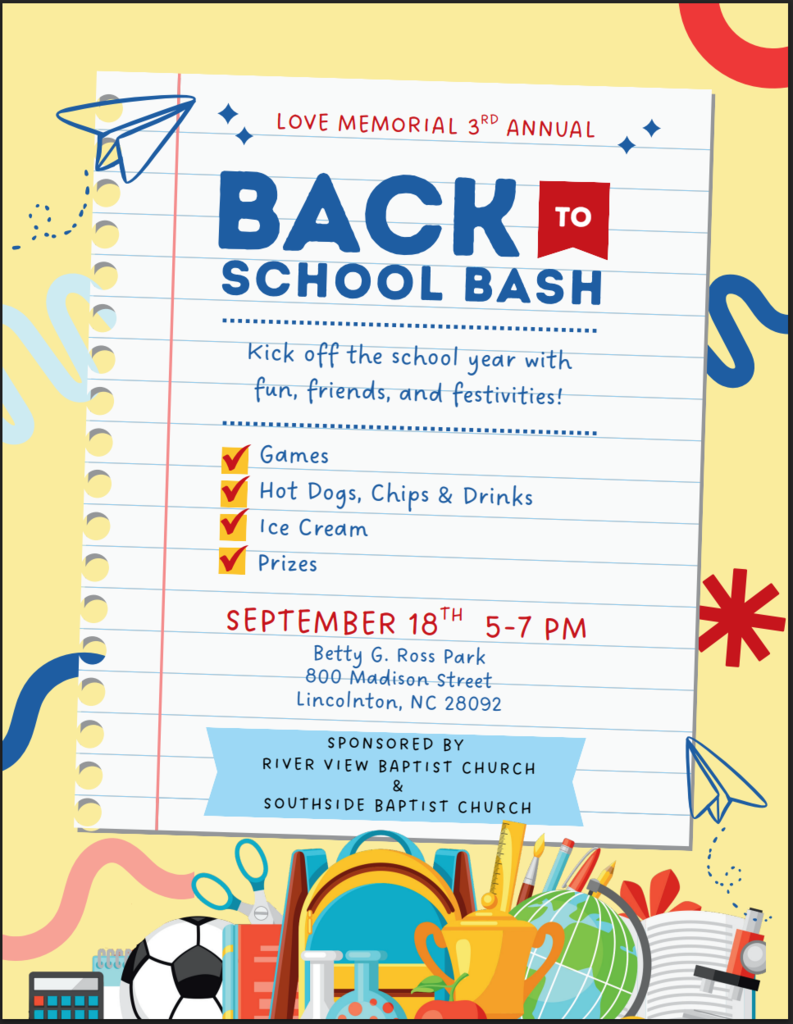 Flyer for a Back to School Bash. Event details include date, time, and location. Features icons of school supplies, games, and treats.