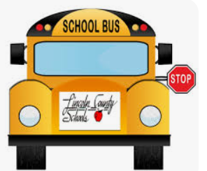 Illustration of a school bus with "School Bus" on top. A white sign with "Lincoln County Schools" and an apple below it.