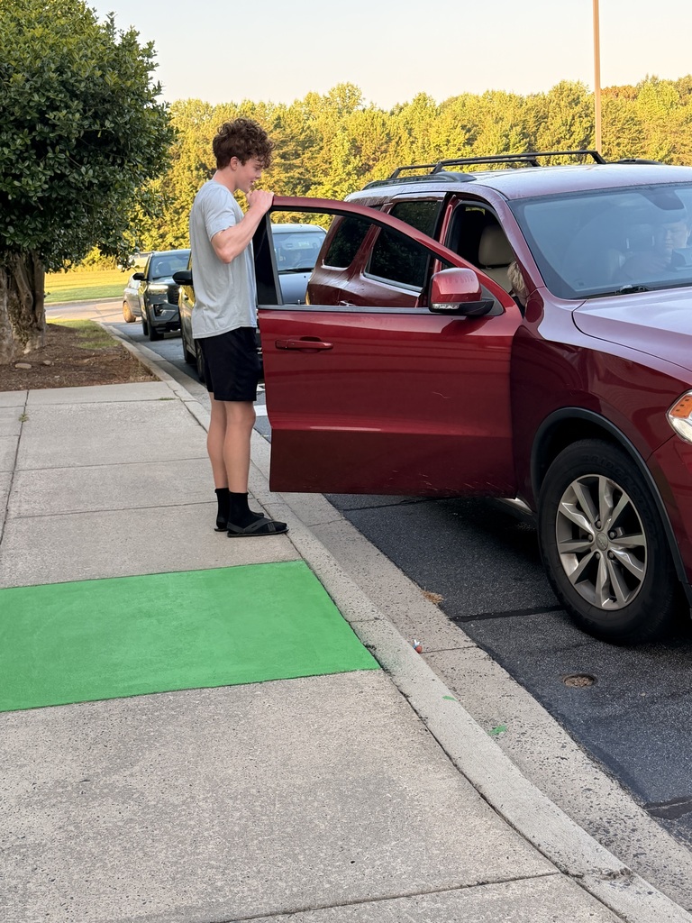 A person stands beside a red car with its door open. A green painted bike lane is on the sidewalk.