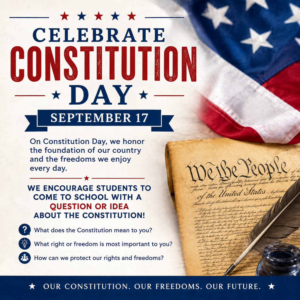 Poster with stars, flag, and text "Celebrate Constitution Day September 17". An old parchment with text "We the People" and a quill.