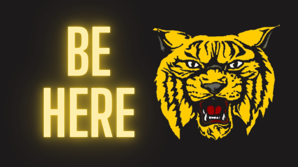 Black background with white text "BE HERE" above a yellow tiger's head roaring.