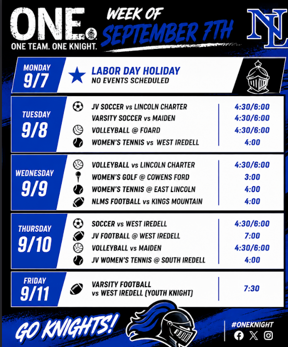 A sports schedule for the week of September 7th. Dates, teams, and times are listed.