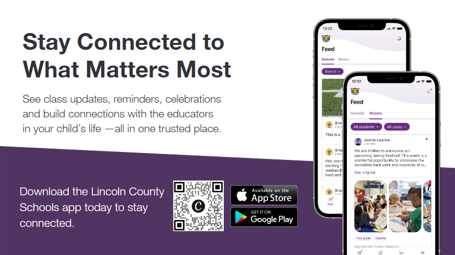 Two phones display app screens on a purple background. Text reads "Stay Connected to What Matters Most." Icons for App Store and Google Play are present.