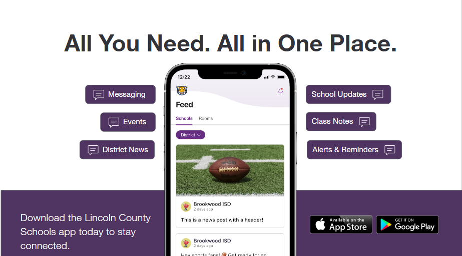An app screen displays football and icons for messaging, events, and school news. A prompt to download the app is visible.
