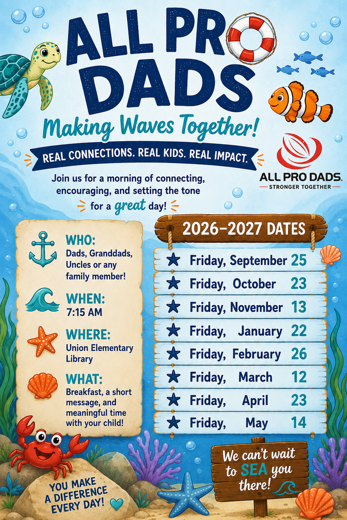 An ocean-themed poster promotes "All Pro Dads" with sea animals, dates, and event details like "breakfast, a short message, and meaningful time with your child."